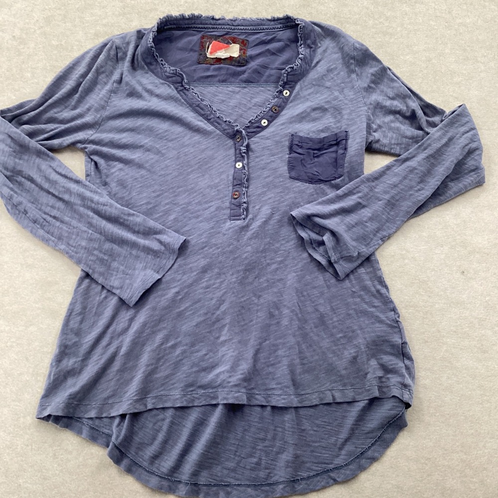 Anthropologie Blue Slub Knit Ruffle Henley Long Sleeve Roll Tab Top Small